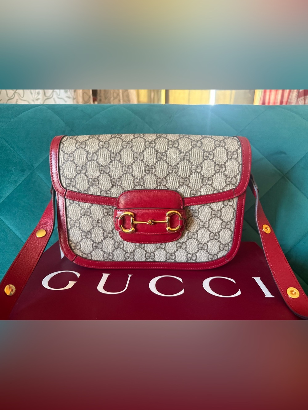 Authentic Gucci Horsebit 1955 Shoulder Bag GG Supreme Red Leather - Picture 2 of 16